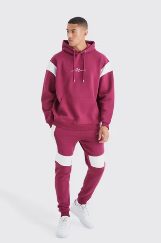 Mens Red Oversized Man Colour Block Hooded Tracksuit, Red