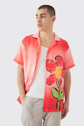 Mens Red Oversized Ombre Flower Print Linen Look Shirt, Red