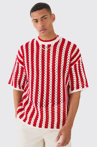 Mens Red Oversized Open Stitch Stripe Knitted T-shirt, Red