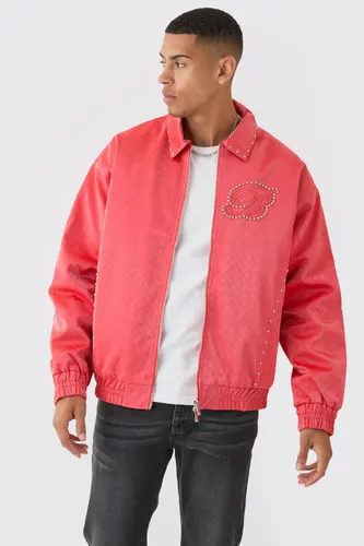 Mens Red Oversized Weave Pu Bomber, Red