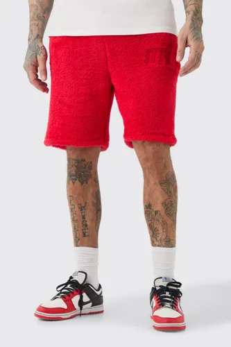 Mens Red Tall Loose Mid Length Borg Shorts, Red