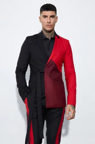 Mens Red Tall Skinny Fit Colour Block Wrap Front Blazer, Red