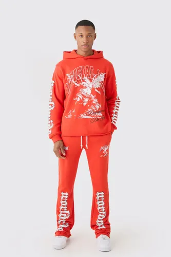 Men's Regular Fit Large Graphic Raw Hem Flared Tracksuit - S, Red
