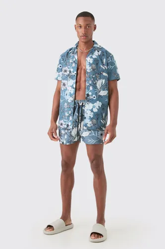 Men's Regular Floral Shirt & Swim Short Set - Black - S, Black
