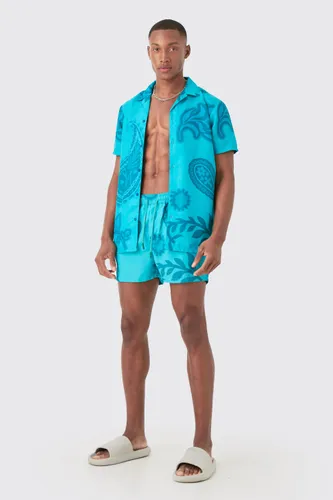 Men's Regular Paisley Shirt & Swim Short Set - Blue - S, Blue