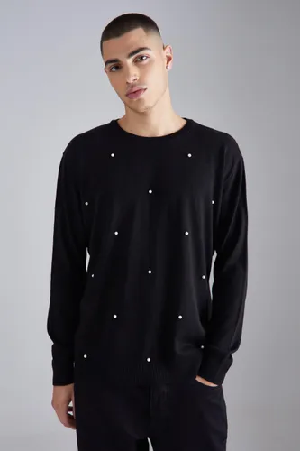 Men's Relaxed All Over Pearl Embellished Knit Jumper - Black - Xs, Black
