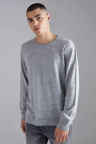 Men's Relaxed All Over Pearl Embellished Knit Jumper - Grey - L, Grey