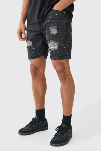 Men's Relaxed Fit Ripped Crinkle Denim Shorts In Black - L, Black