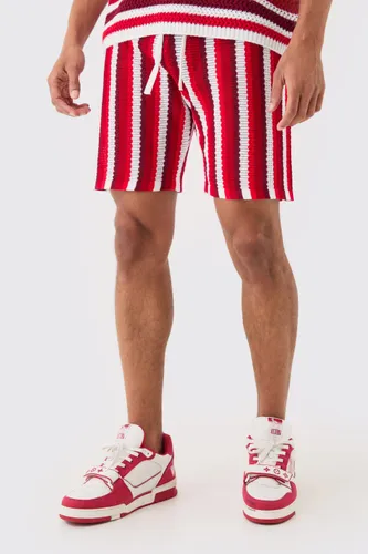 Men's Relaxed Open Stitch Stripe Knit Short In Red - White - S, White