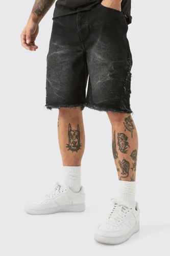 Men's Relaxed Rigid Extreme Side Ripped Denim Short In Washed Black - 28, Black