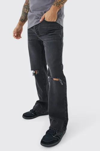 Men's Relaxed Rigid Flare Jean With Knee Rips - Black - 28R, Black