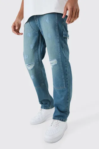 Mens Relaxed Rigid Ripped Knee Carpenter Jeans In Light Blue, Blue