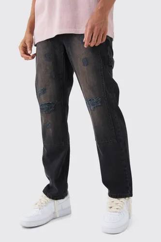 Mens Relaxed Rigid Ripped Knee Carpenter Jeans In Washed Black, Black