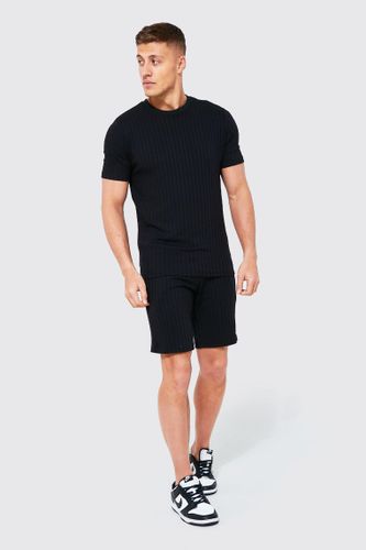 Men's Ribbed Knitted T-Shirt & Shorts Set - Black - Xs, Black