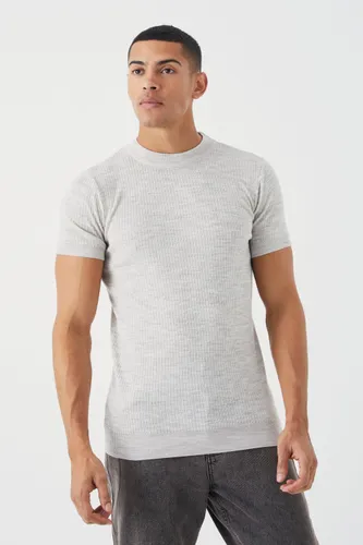 Men's Ribbed Short Sleeve Extended Neck Knitted T-Shirt - Beige - S, Beige