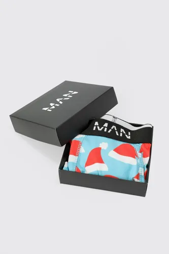 Men's Santa Hat Print Boxers In Gift Box - Blue - Xs, Blue