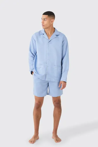 Men's Satin Piping Shirt & Lounge Short Set - Blue - Xl, Blue