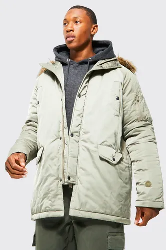 Men's Satin Rouched Parka With Faux Fur Trim Hood - Green - Xs, Green