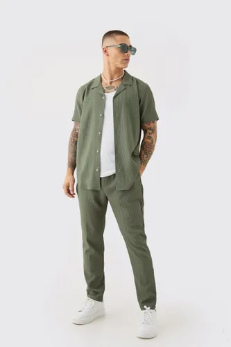 Men's Seersucker Revere Collar Shirt & Trouser Set - Green - S, Green