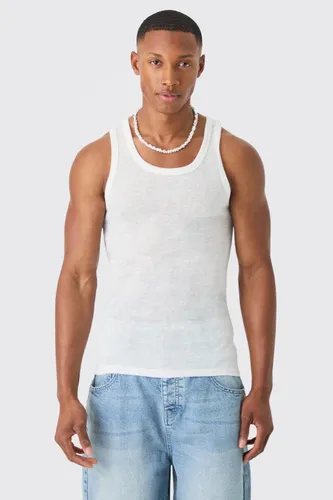Men's Sheer Knitted Slub Muscle Fit Vest - White - L, White