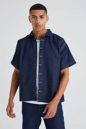 Men's Short Sleeve Boxy Fit Denim Shirt - Blue - S, Blue