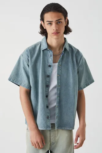 Men's Short Sleeve Boxy Fit Denim Shirt - Blue - S, Blue