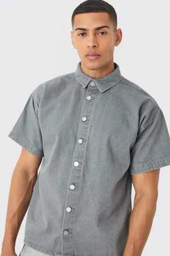 Men's Short Sleeve Boxy Fit Denim Shirt - Grey - S, Grey