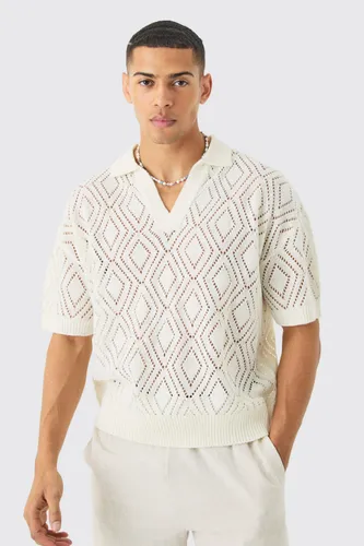 Men's Short Sleeve Boxy Fit Revere Open Knit Polo In Ecru - Cream - L, Cream