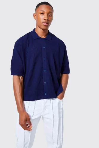 Men's Short Sleeve Boxy Open Stitch Knitted Shirt - Navy - S, Navy