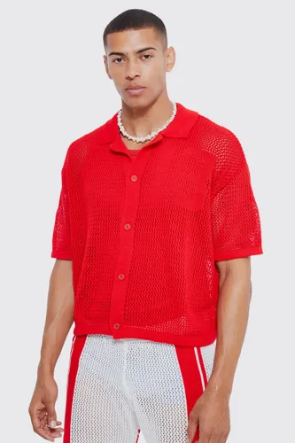 Men's Short Sleeve Boxy Open Stitch Varsity Knit Shirt - Red - L, Red