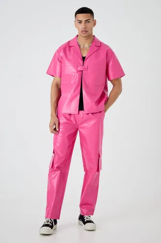 Men's Short Sleeve Boxy Revere Button Pu Shirt & Trouser Set - Pink - S, Pink