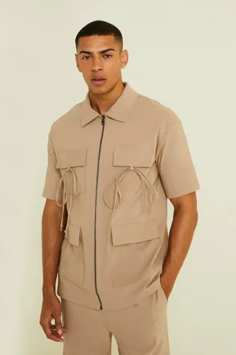 Men's Short Sleeve Cargo Pocket Boxy Shirt - Beige - L, Beige