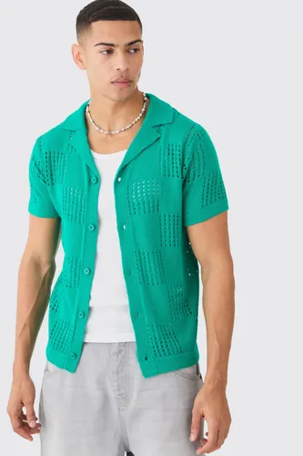 Men's Short Sleeve Checkerboard Open Stitch Shirt In Green - S, Green