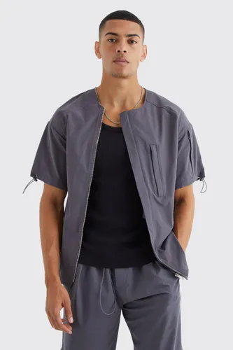 Men's Short Sleeve Collarless Technical Zip Shirt - Grey - S, Grey