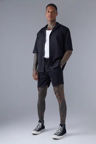 Men's Short Sleeve Drop Revere Satin Shirt And Short Set - Black - S, Black