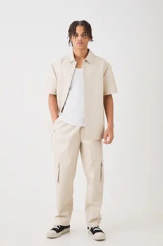 Men's Short Sleeve Drop Shoulder Pu Overshirt & Cargo Trouser Set - Beige - S, Beige
