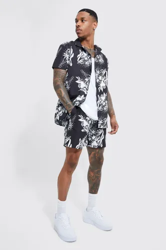 Men's Short Sleeve Floral Shirt And Swim Short - Black - Xl, Black