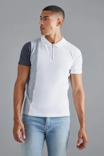 Men's Short Sleeve Half Zip Colour Block Knit Polo - Grey - S, Grey