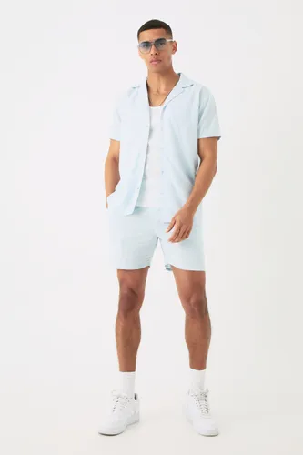Men's Short Sleeve Linen Shirt & Short Set - Blue - S, Blue