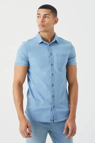 Men's Short Sleeve Muscle Fit Denim Shirt - Blue - S, Blue