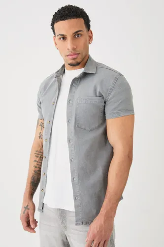 Men's Short Sleeve Muscle Fit Denim Shirt - Grey - S, Grey