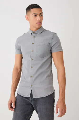 Men's Short Sleeve Muscle Fit Denim Shirt - Grey - S, Grey