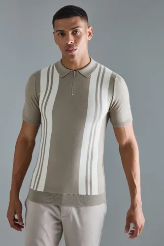 Men's Short Sleeve Muscle Fit Stripe Knit Polo - Beige - S, Beige