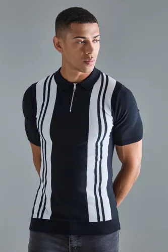 Men's Short Sleeve Muscle Fit Stripe Knit Polo - Black - S, Black