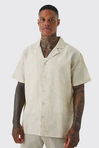 Men's Short Sleeve Oversized Linen Look Revere Shirt - Beige - S, Beige