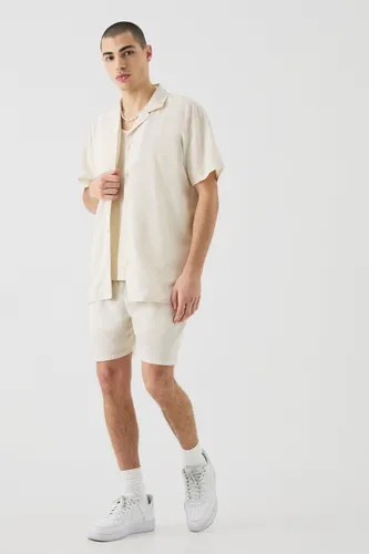 Men's Short Sleeve Oversized Linen Shirt & Short - Beige - M, Beige