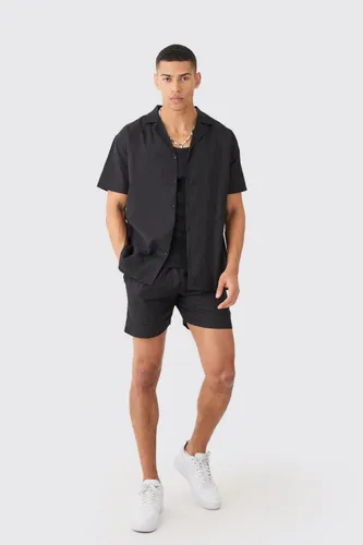 Men's Short Sleeve Oversized Linen Shirt & Short - Black - S, Black