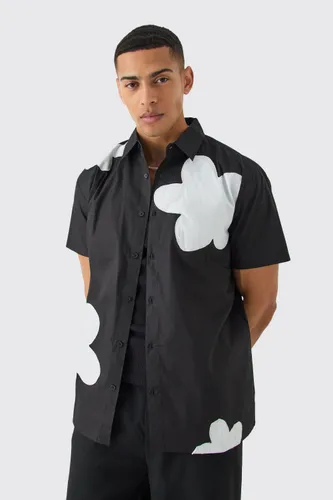 Men's Short Sleeve Oversized Poplin Floral Applique Shirt - Black - S, Black