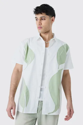 Men's Short Sleeve Oversized Poplin Leaf Applique Shirt - White - S, White