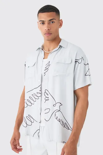 Men's Short Sleeve Oversized Viscose Line Bird Shirt - Cream - S, Cream